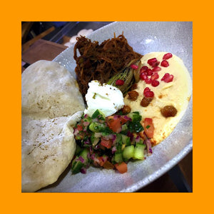 Harissa Slow Cooked Beef with Houmous, Homemade Pitta Bread, Shepherd’s Salad and Tzatziki by Chef Chris Phypers