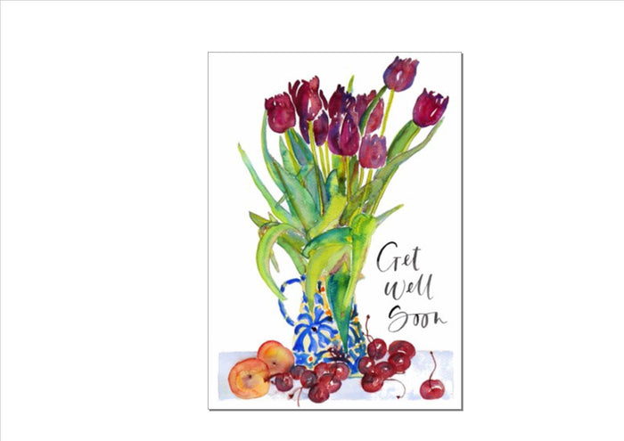 Stonebridge Designs - Greetings Card - TULIPS IN BLUE AND WHITE JUG (GET WELL SOON)